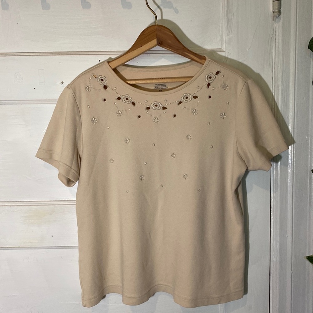 Cream Cottagecore T Shirt with Small Cutouts and Embroidery 🍨
